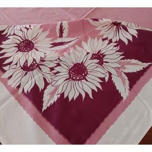 Vintage 50s Printed Cotton Tablecloth Pink Purple Retro Sunflowers 54"